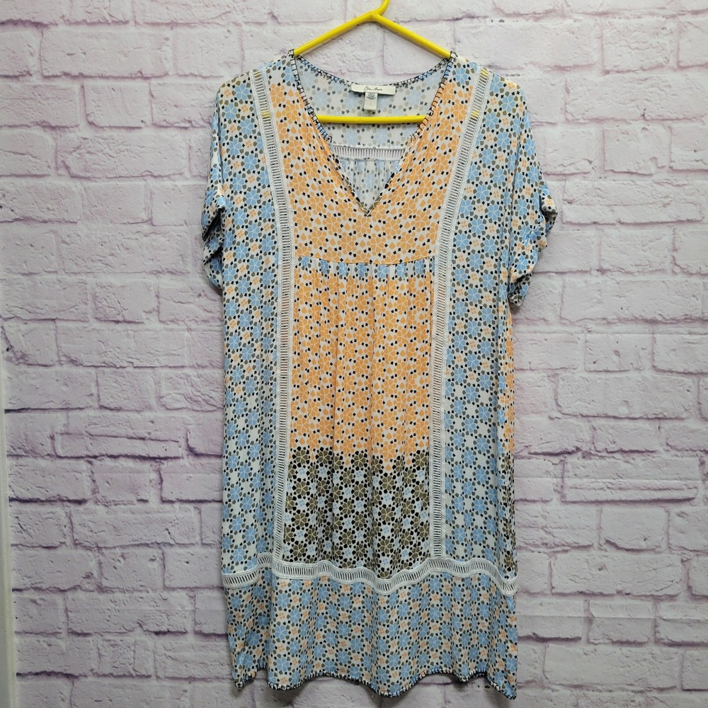 Ella Moon Boho Peasant Tunic Dress L Floral Lace Trim Retro Cottagecore Indie